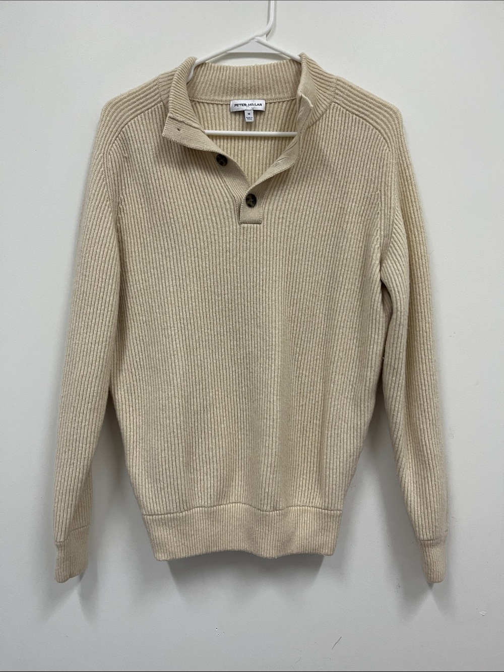 Peter Millar Cream Ribbed Quarter button  wool/yak/cashmere blend Sweater size M